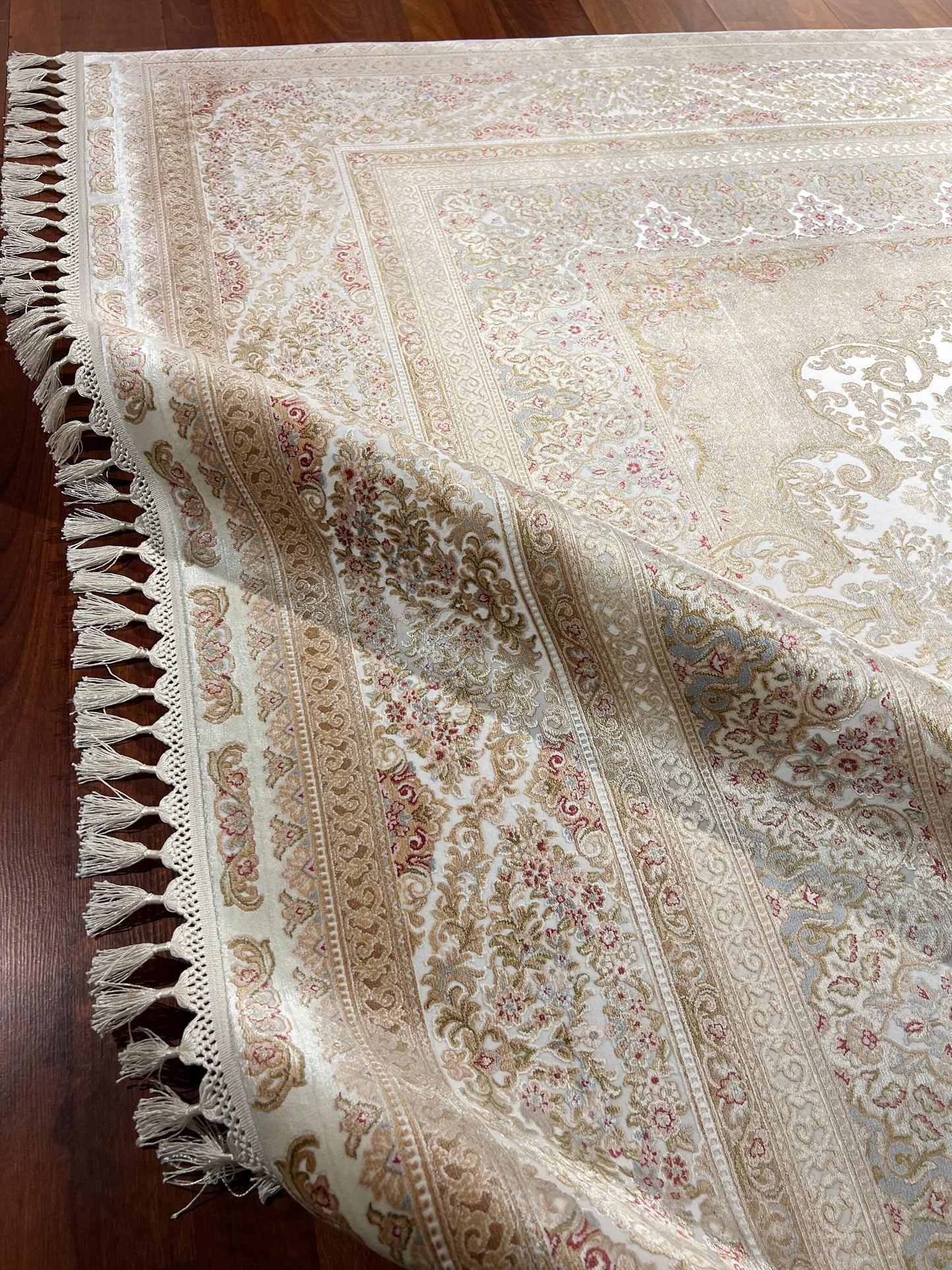 7x10 ft Beige Silk Rug, Elegant Palace Style Area Rug, Soft Luxury Living Room Carpet