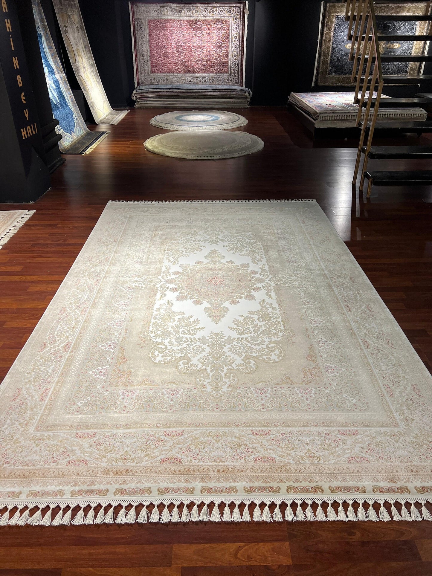 7x10 ft Beige Silk Rug, Elegant Palace Style Area Rug, Soft Luxury Living Room Carpet