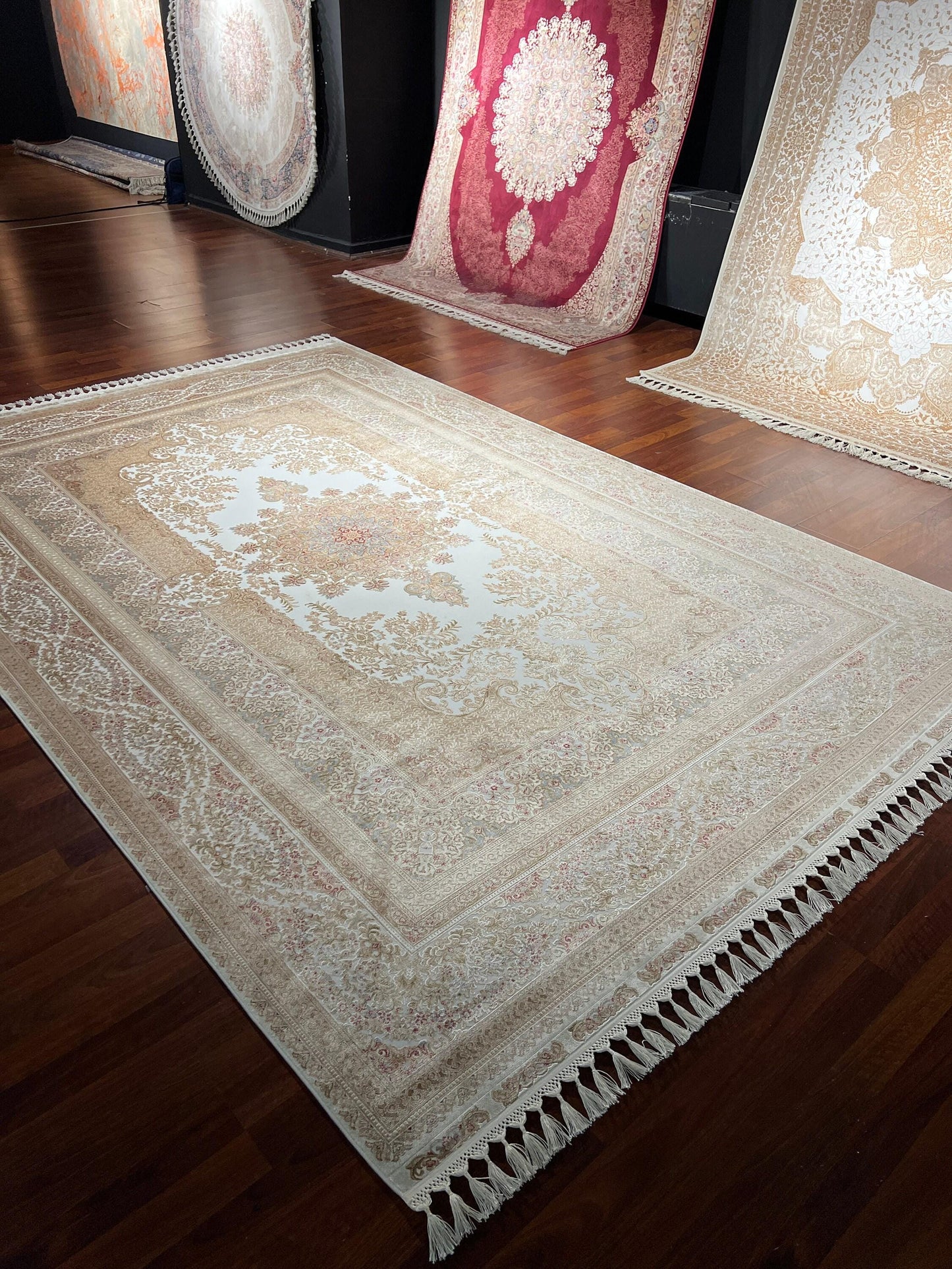 7x10 ft Beige Silk Rug, Elegant Palace Style Area Rug, Soft Luxury Living Room Carpet