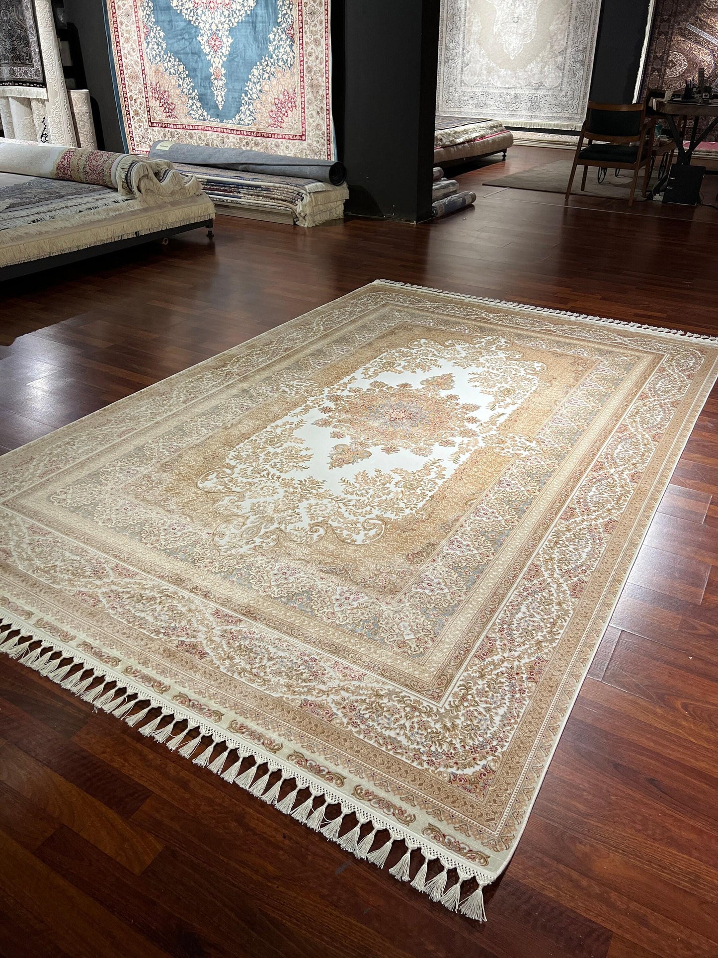 7x10 ft Beige Silk Rug, Elegant Palace Style Area Rug, Soft Luxury Living Room Carpet