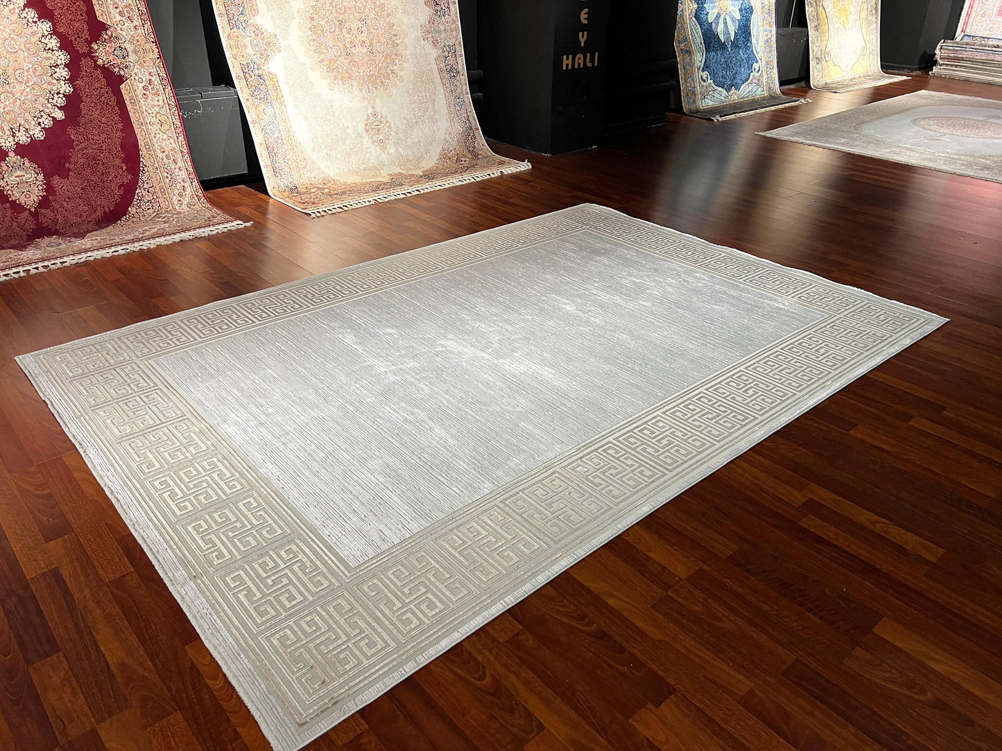 7x10 ft Modern Beige Bamboo Rug, Minimalist Luxury Area Rug, Neutral Contemporary Living Room Carpet
