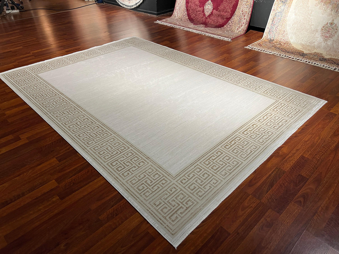 7x10 ft Modern Beige Bamboo Rug, Minimalist Luxury Area Rug, Neutral Contemporary Living Room Carpet