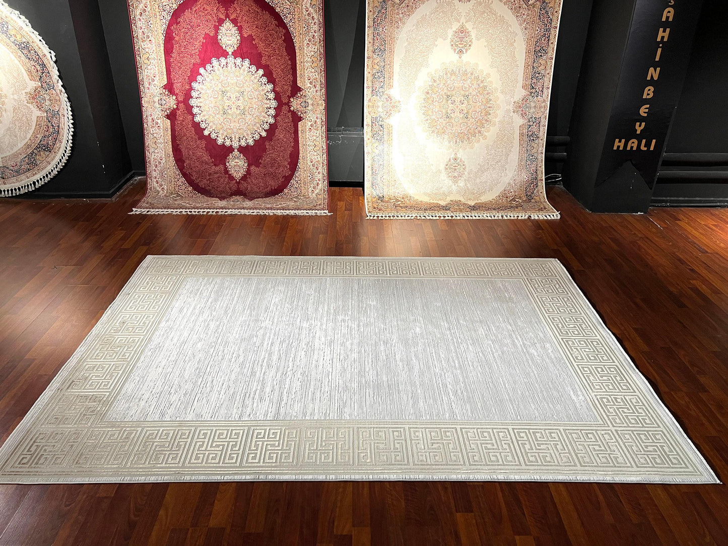 7x10 ft Modern Beige Bamboo Rug, Minimalist Luxury Area Rug, Neutral Contemporary Living Room Carpet