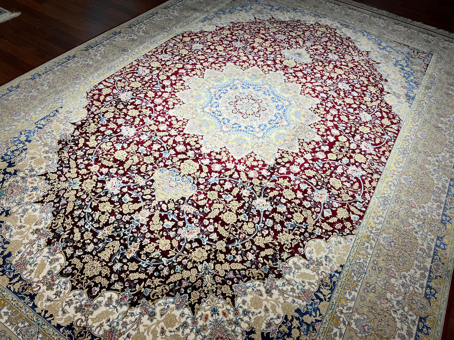 7x10 Red Beige Silk Rug, Floral Medallion Rug, Turkish Area Rug, Luxury Living Room Rug, Large Rug