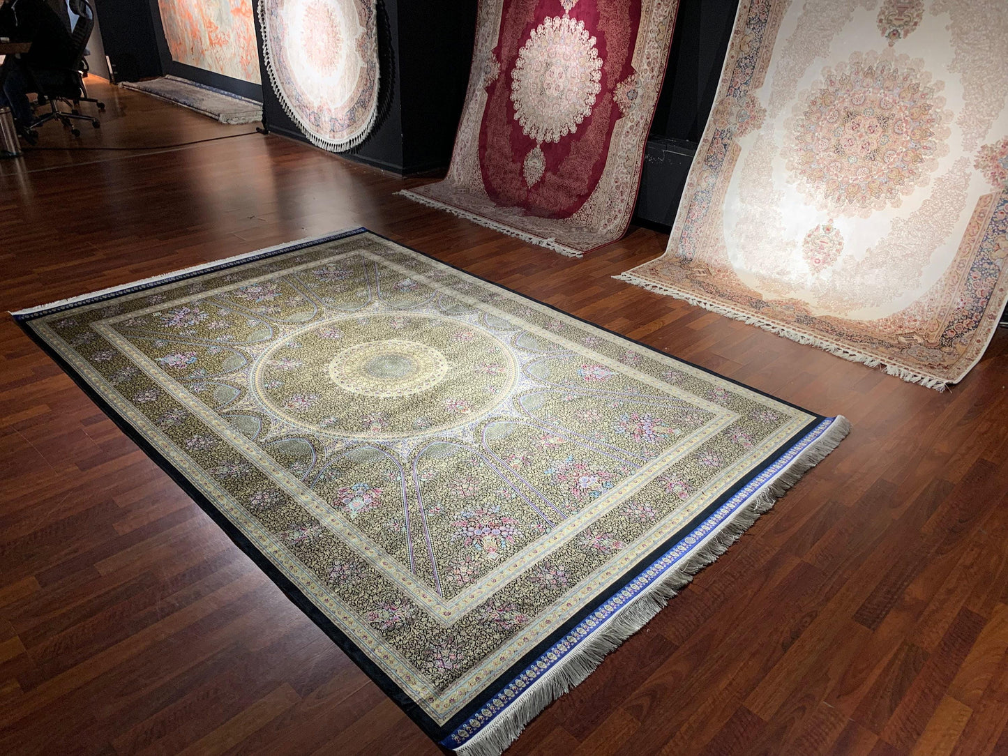 7x10 ft Gold Blue Silk Rug, Royal Medallion Luxury Area Rug, Elegant Classic Living Room Carpet