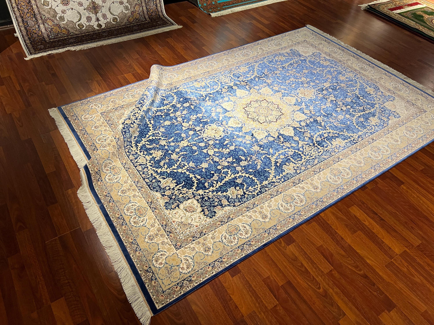7x10 Blue Silk Rug, Floral Medallion Rug, Turkish Area Rug, Luxury Living Room Rug, Large Rug