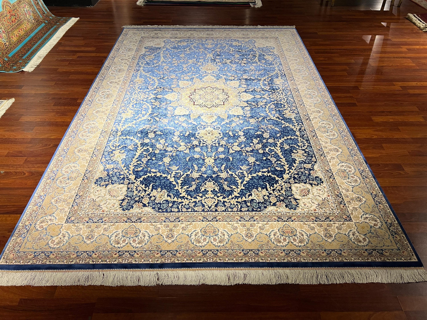 7x10 Blue Silk Rug, Floral Medallion Rug, Turkish Area Rug, Luxury Living Room Rug, Large Rug