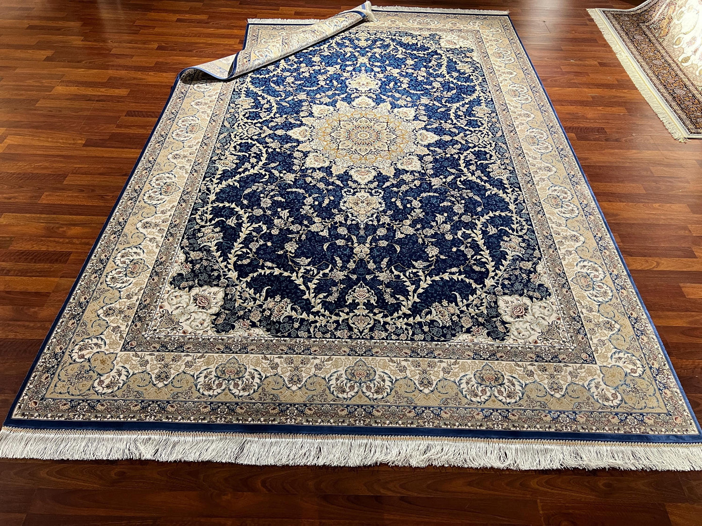7x10 Blue Silk Rug, Floral Medallion Rug, Turkish Area Rug, Luxury Living Room Rug, Large Rug