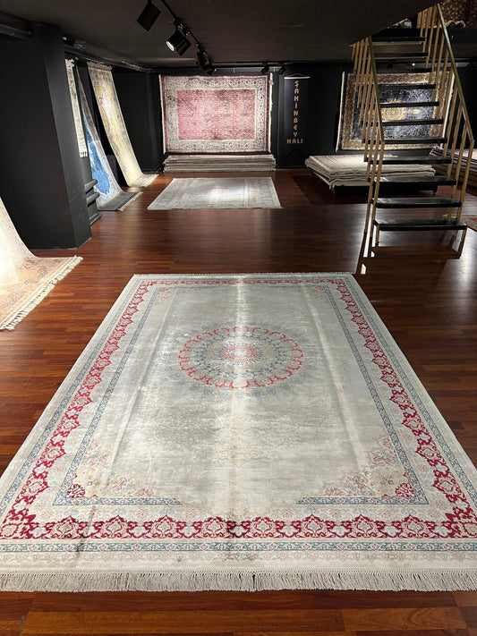 7x10 ft Cream Red Silk Rug, Elegant Medallion Luxury Area Rug, Soft Classic Living Room Carpet