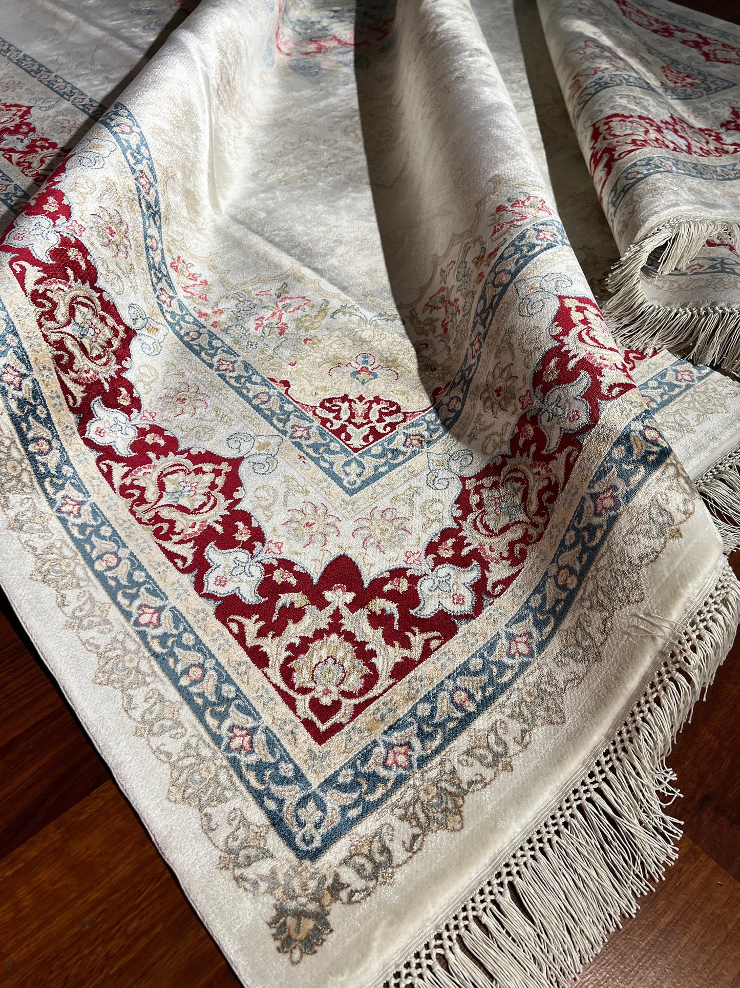 7x10 ft Cream Red Silk Rug, Elegant Medallion Luxury Area Rug, Soft Classic Living Room Carpet