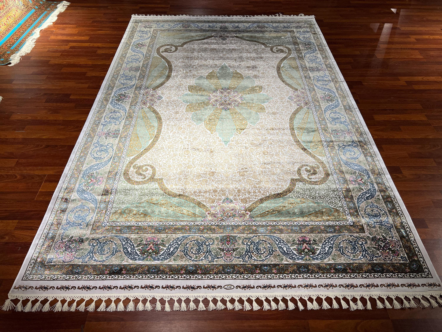 7x10 Green Medallion Silk Rug, Cream Area Rug, Turkish Silk Carpet, Luxury Living Room Rug