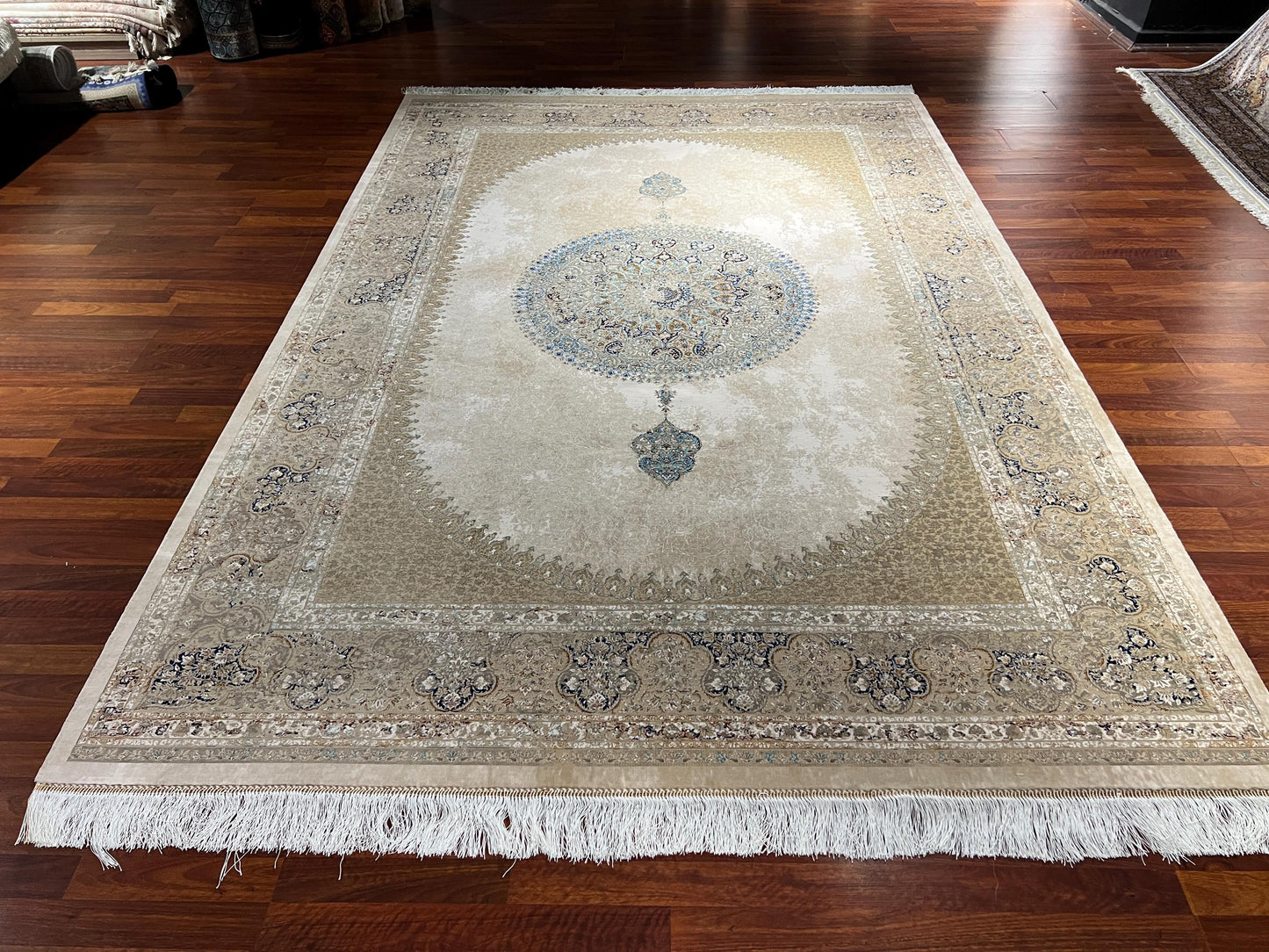 7x10 Beige Medallion Silk Rug, Cream Area Rug, Turkish Silk Carpet, Luxury Living Room Rug