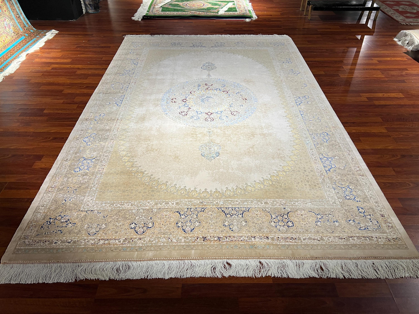 7x10 Beige Medallion Silk Rug, Cream Area Rug, Turkish Silk Carpet, Luxury Living Room Rug