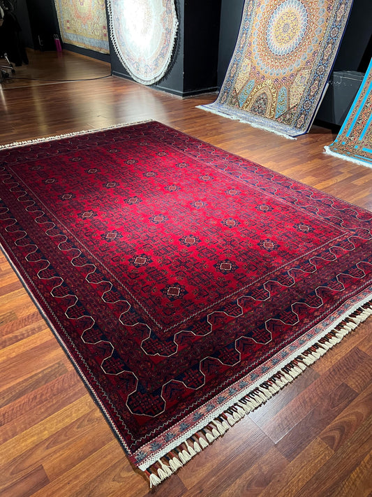7x10 Red Afghan Wool Rug, Tribal Handmade Rug, Vintage Style Carpet, Large Living Room Rug