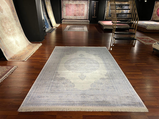 7x10 ft Light Gray Silk Rug, Soft Medallion Luxury Area Rug, Elegant Neutral Living Room Carpet