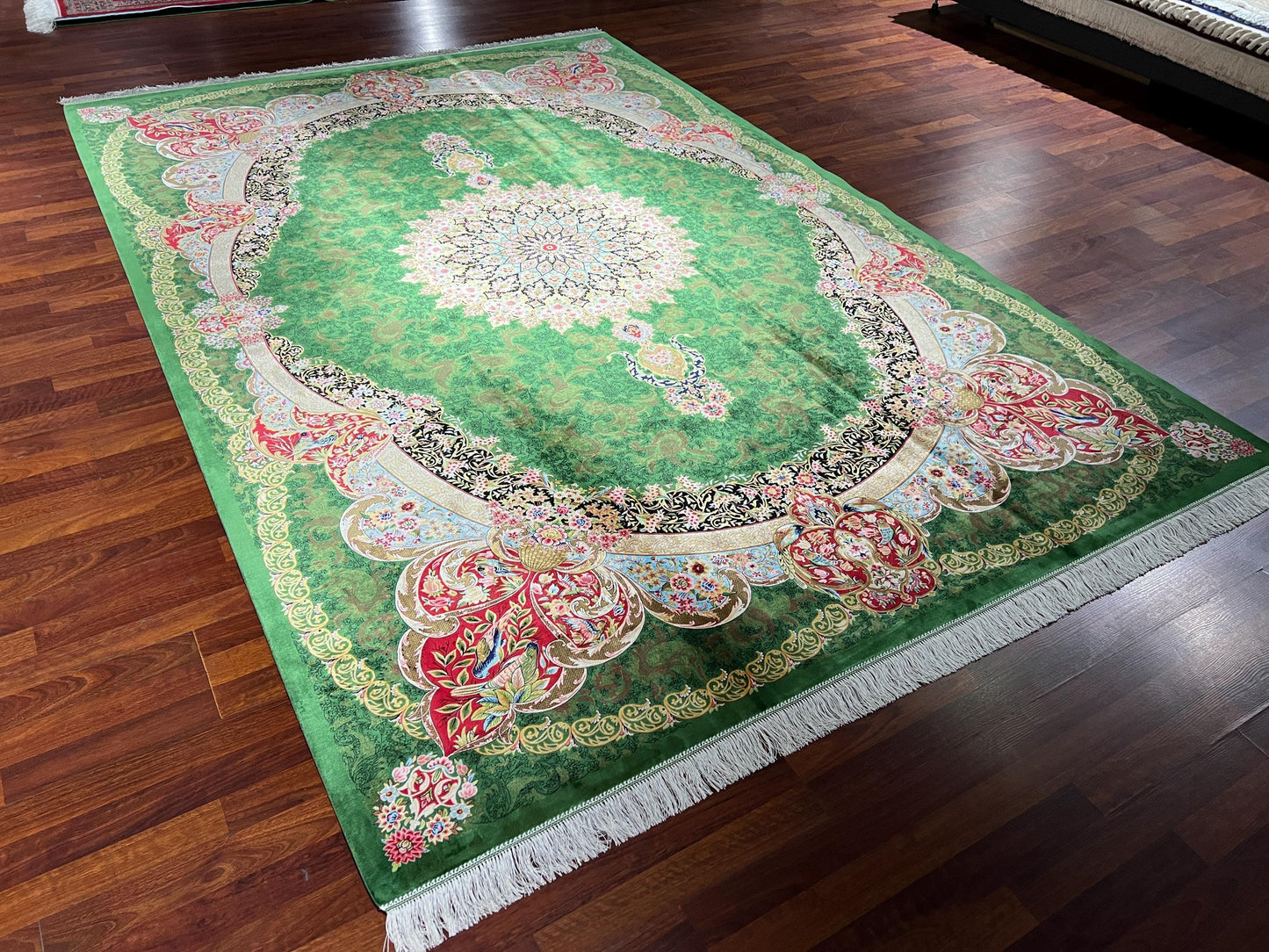 7x10 Green Silk Rug, Medallion Area Rug, Turkish Silk Carpet, Luxury Living Room Rug