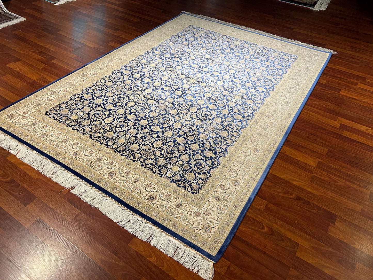 7x10 Blue Gold Silk Rug, Floral Pattern Area Rug, Turkish Silk Carpet, Luxury Living Room Rug