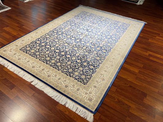 7x10 Blue Gold Silk Rug, Floral Pattern Area Rug, Turkish Silk Carpet, Luxury Living Room Rug