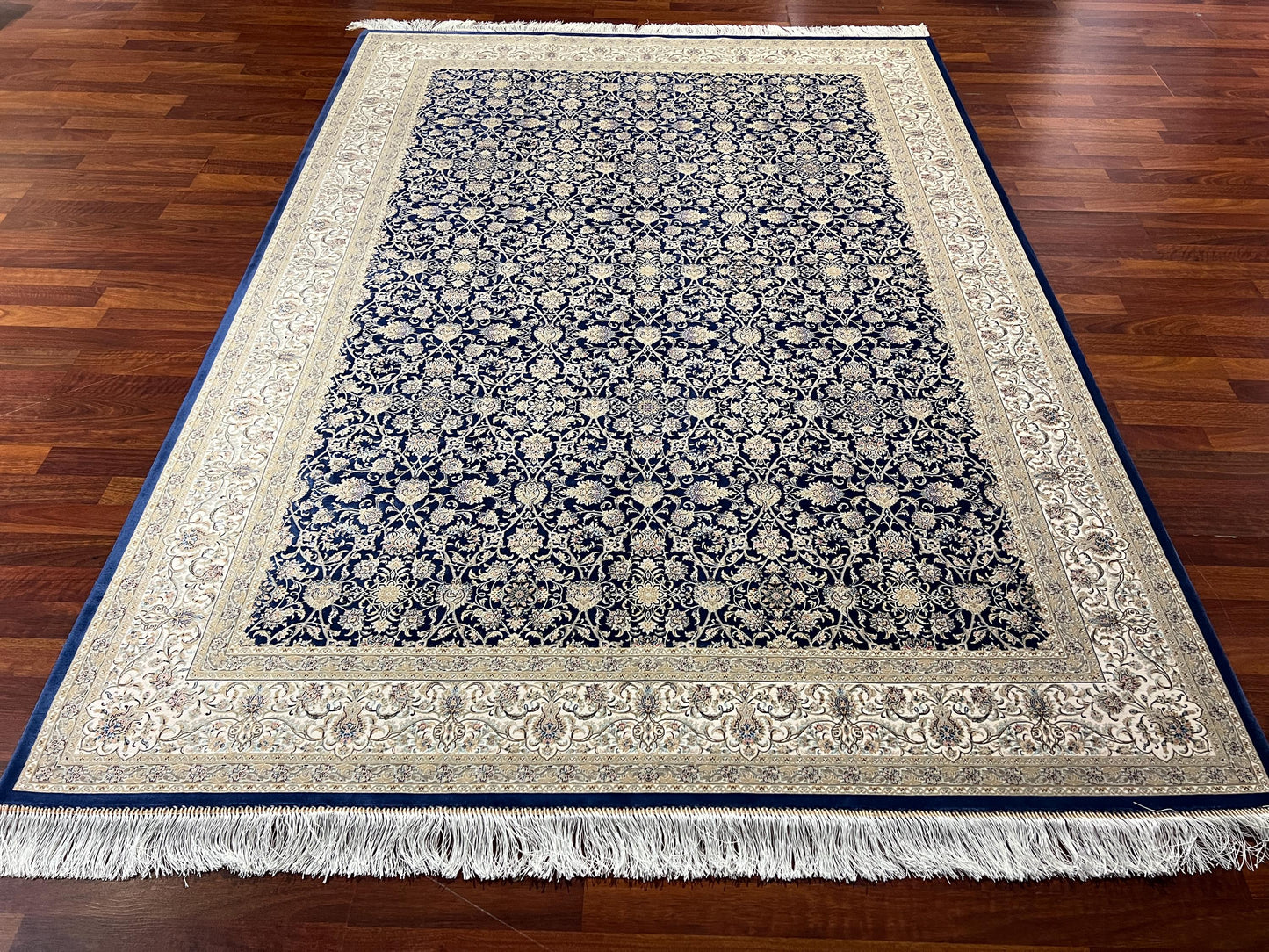 7x10 Blue Gold Silk Rug, Floral Pattern Area Rug, Turkish Silk Carpet, Luxury Living Room Rug