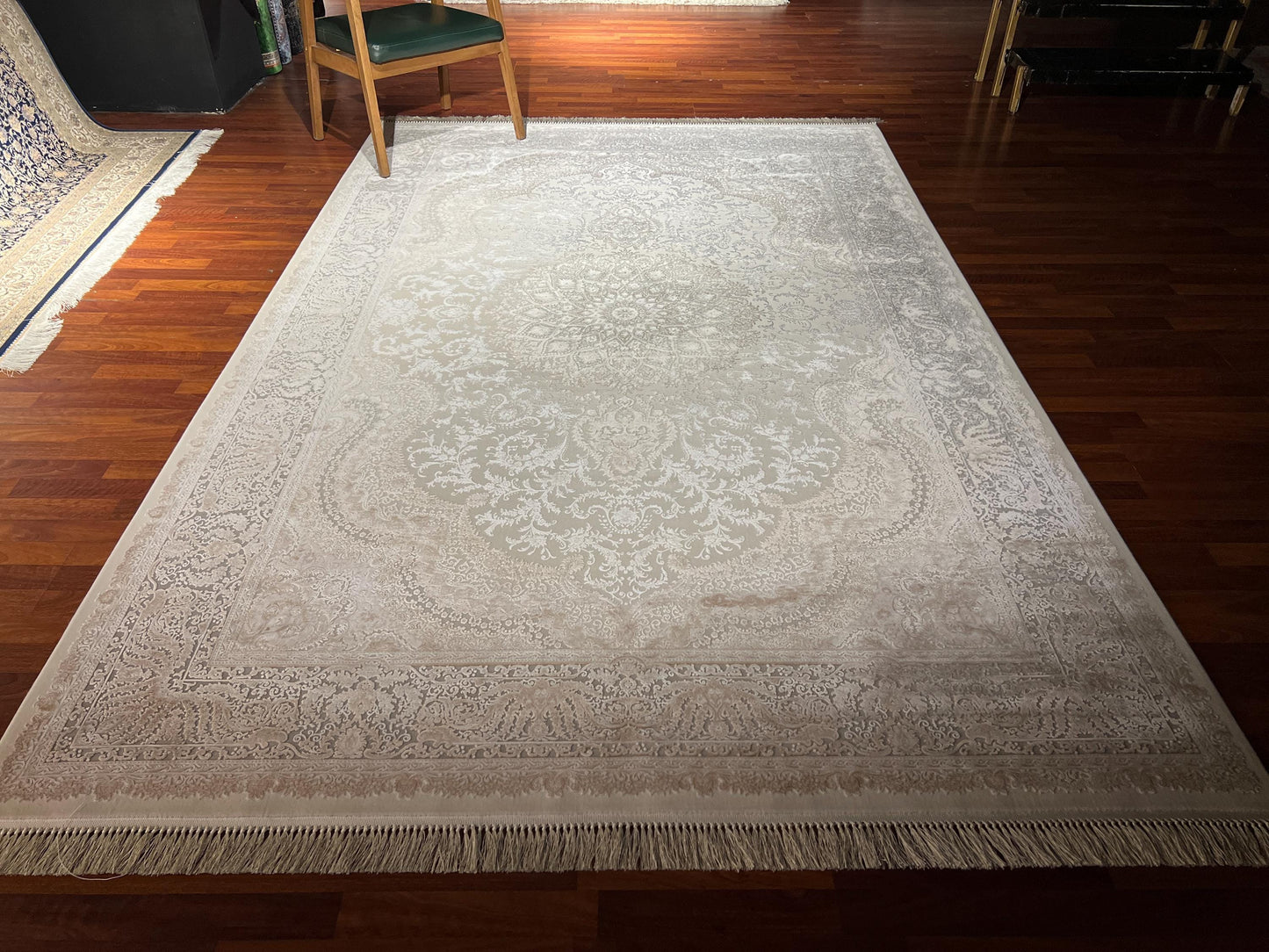 7x10 Beige Gray Bamboo Silk Rug, Floral Medallion Rug, Turkish Area Rug, Luxury Living Room Rug