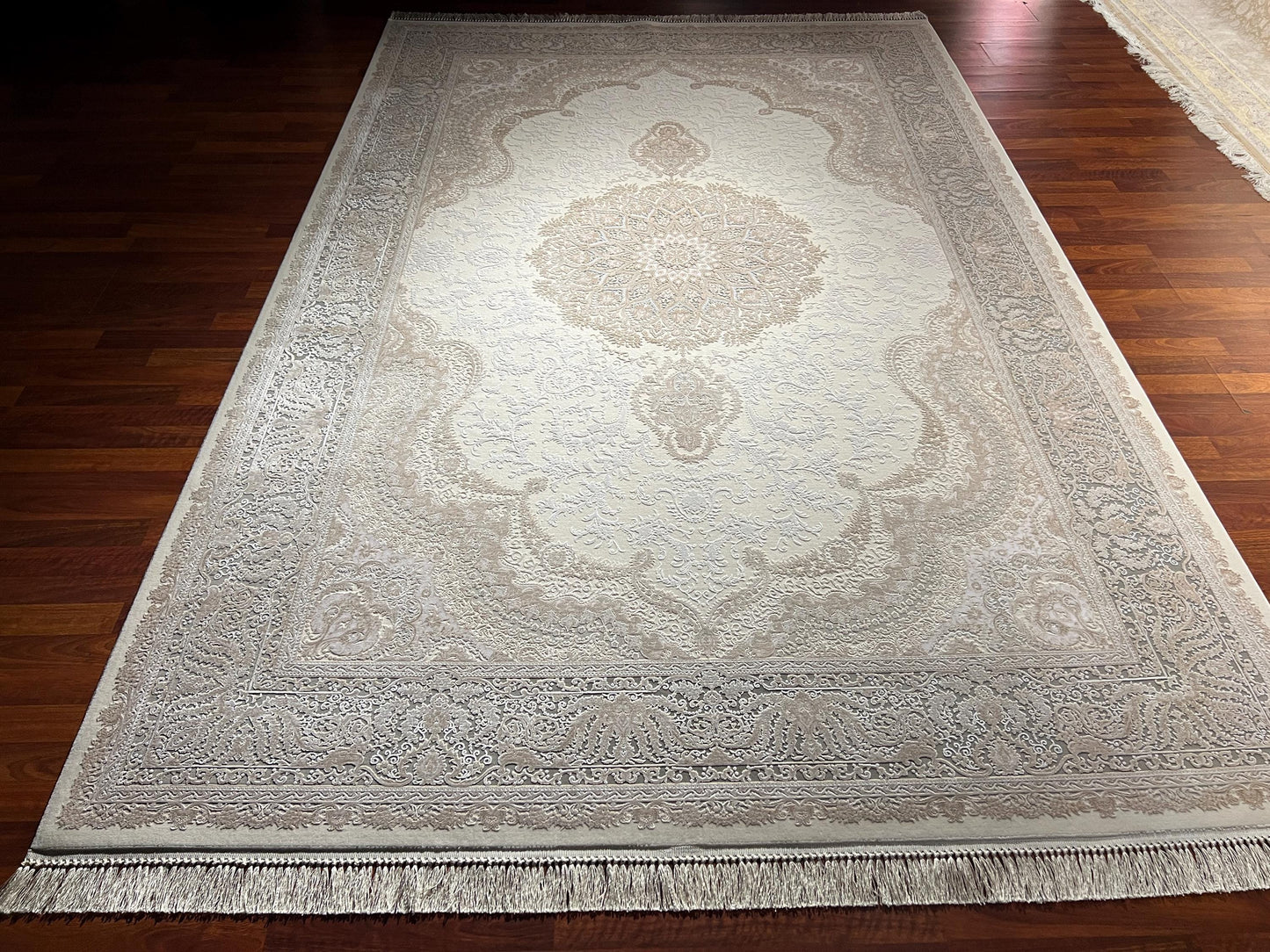 7x10 Beige Gray Bamboo Silk Rug, Floral Medallion Rug, Turkish Area Rug, Luxury Living Room Rug