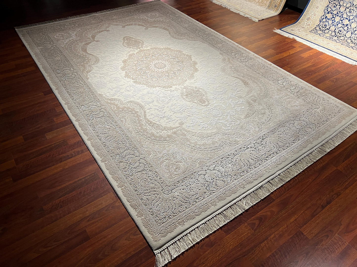 7x10 Beige Gray Bamboo Silk Rug, Floral Medallion Rug, Turkish Area Rug, Luxury Living Room Rug