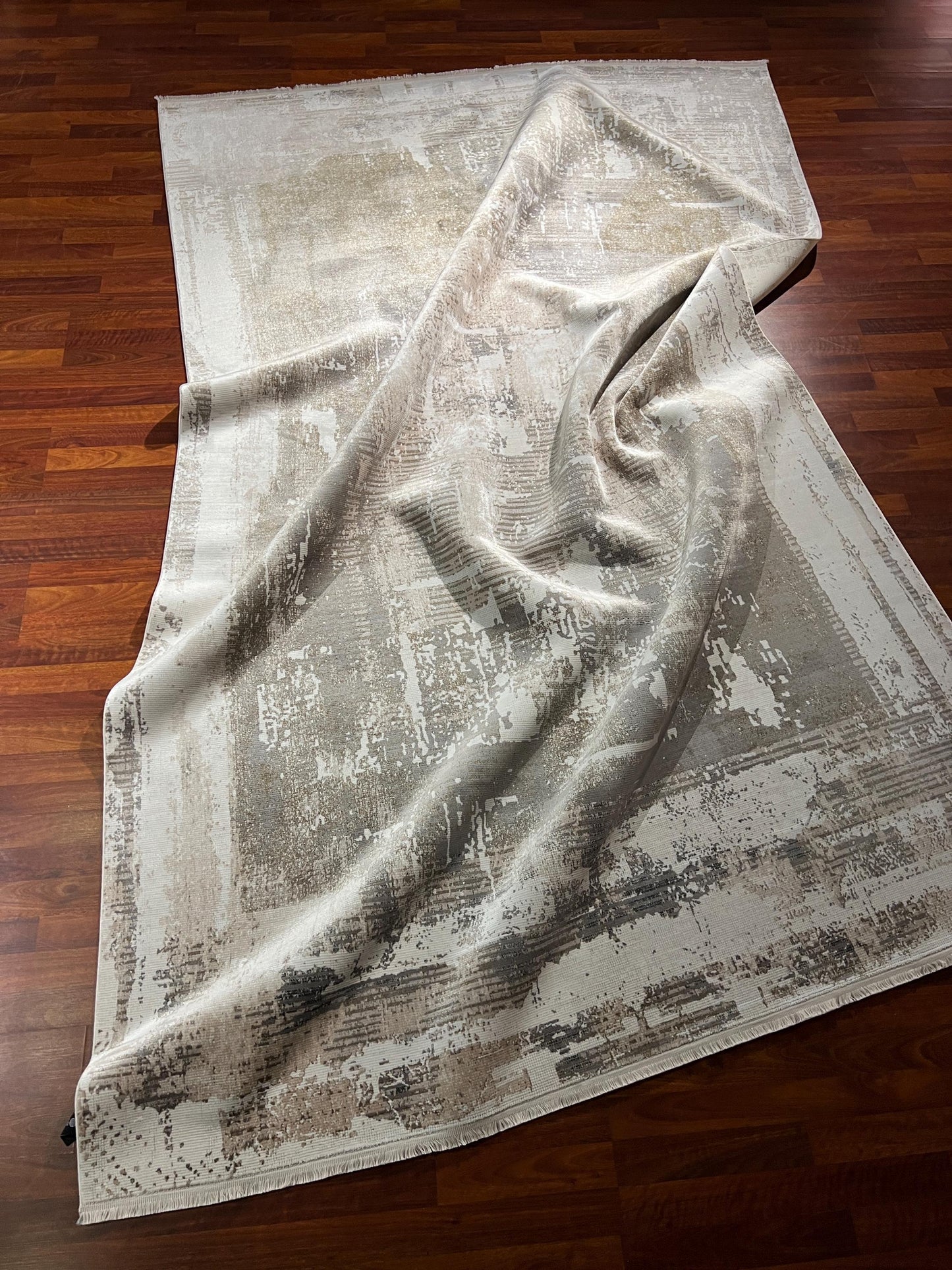 7x10 Modern Cream Gray Rug, Abstract Pattern Rug, Bamboo Silk Rug, Luxury Living Room Rug
