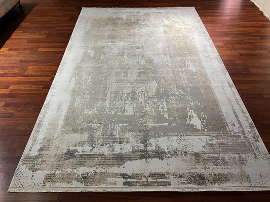 7x10 Modern Cream Gray Rug, Abstract Pattern Rug, Bamboo Silk Rug, Luxury Living Room Rug