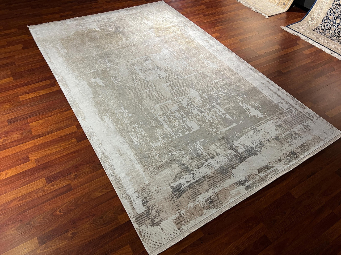7x10 Modern Cream Gray Rug, Abstract Pattern Rug, Bamboo Silk Rug, Luxury Living Room Rug