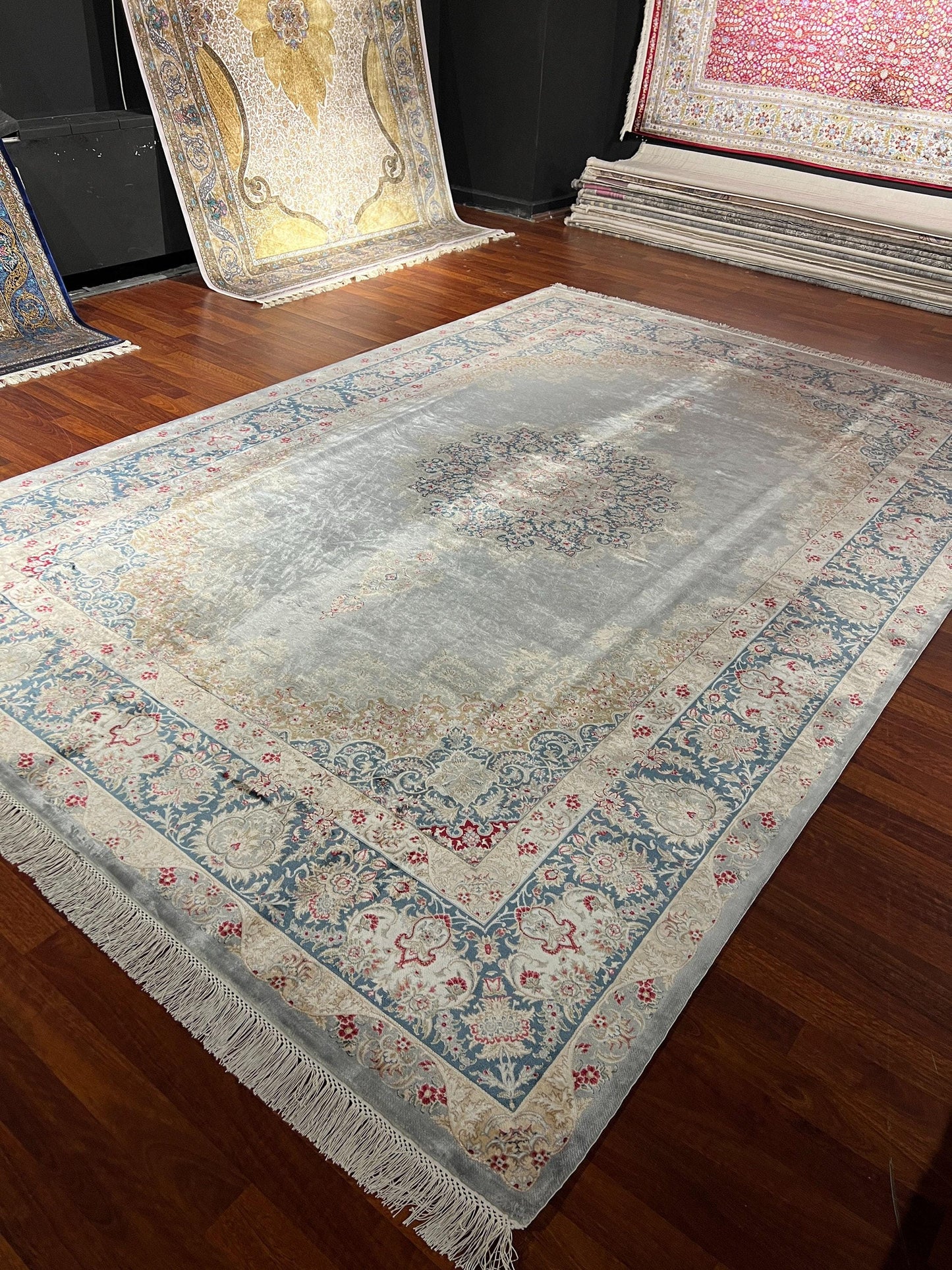 7x10 ft Cream Blue Silk Rug, Elegant Medallion Luxury Area Rug, Classic Living Room Carpet