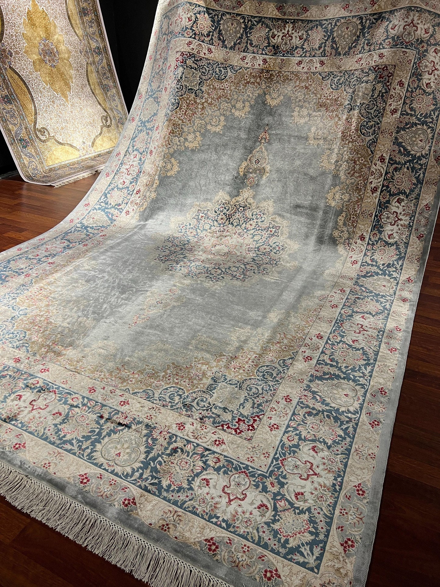7x10 ft Cream Blue Silk Rug, Elegant Medallion Luxury Area Rug, Classic Living Room Carpet
