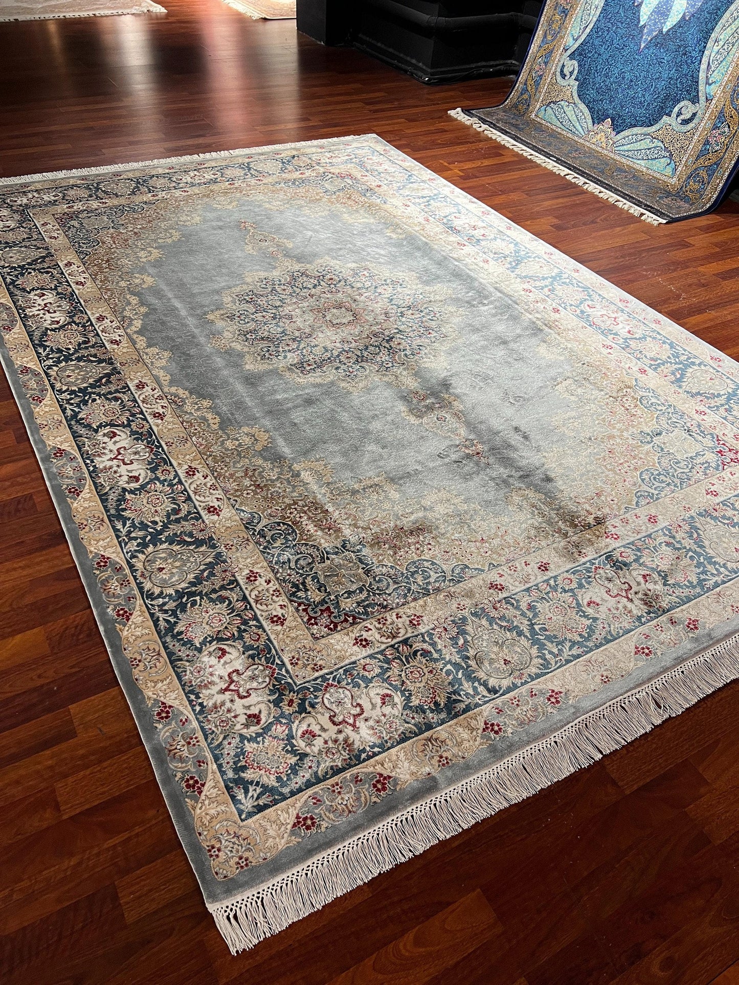 7x10 ft Cream Blue Silk Rug, Elegant Medallion Luxury Area Rug, Classic Living Room Carpet