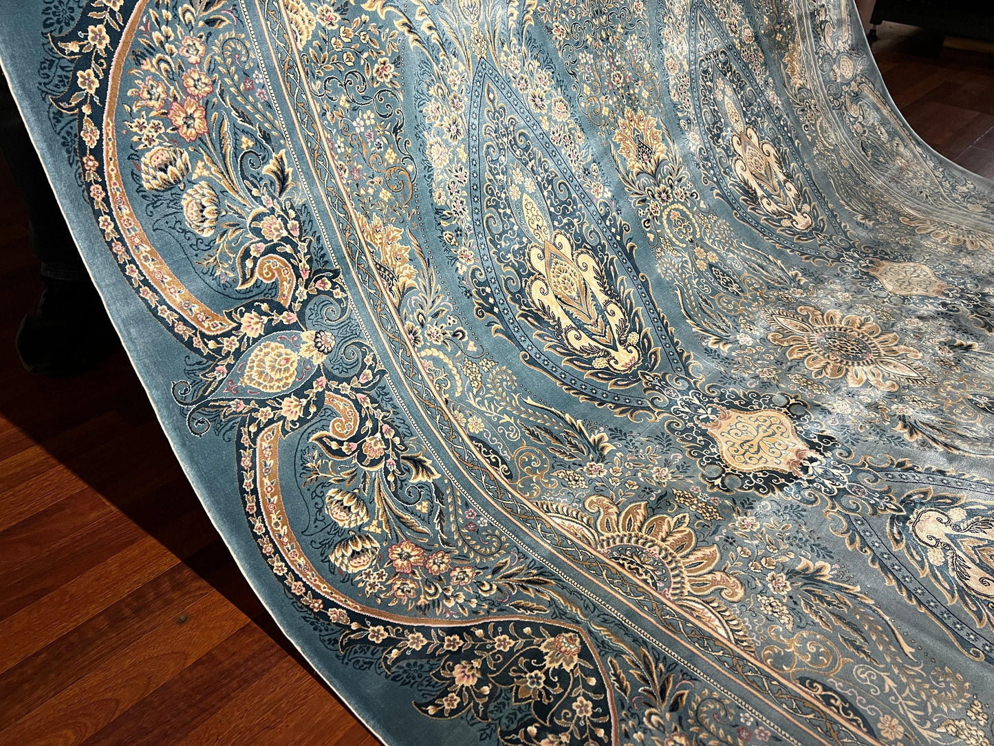 7x10 ft Blue Silk Rug, Ornate Floral Luxury Area Rug, Elegant Classic Living Room Carpet