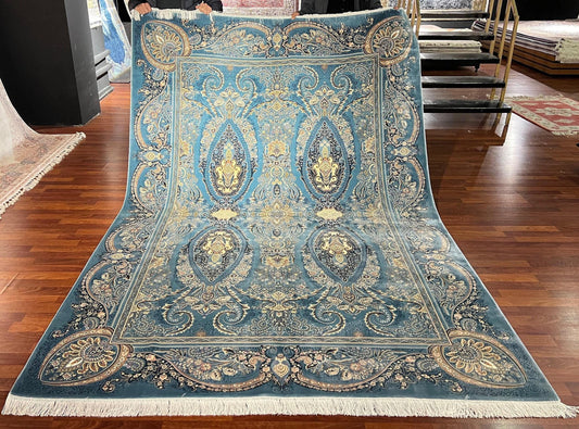 7x10 ft Blue Silk Rug, Ornate Floral Luxury Area Rug, Elegant Classic Living Room Carpet