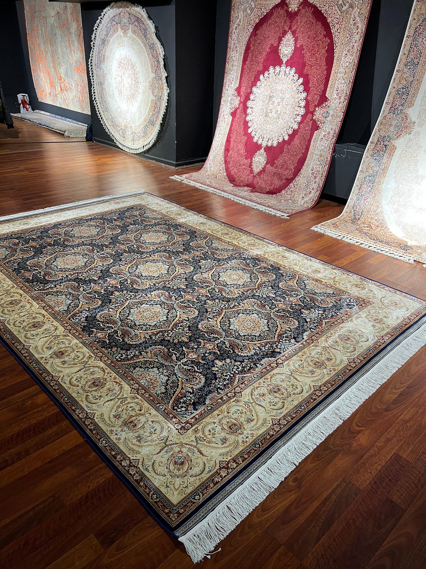 7x10 ft Navy Gold Silk Rug, Ornate Medallion Luxury Area Rug, Classic Elegant Living Room Carpet