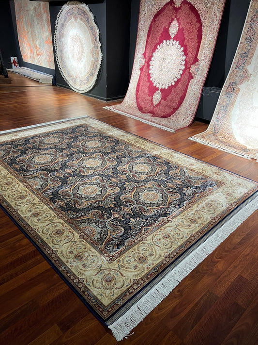 7x10 ft Navy Gold Silk Rug, Ornate Medallion Luxury Area Rug, Classic Elegant Living Room Carpet