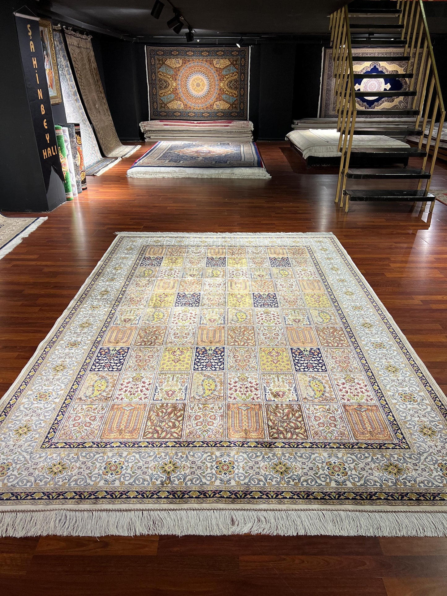7x10 Garden Panel Silk Rug, Beige Floral Patchwork Rug, Turkish Area Rug, Luxury Living Room Rug