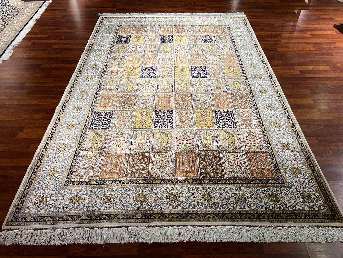 7x10 Garden Panel Silk Rug, Beige Floral Patchwork Rug, Turkish Area Rug, Luxury Living Room Rug
