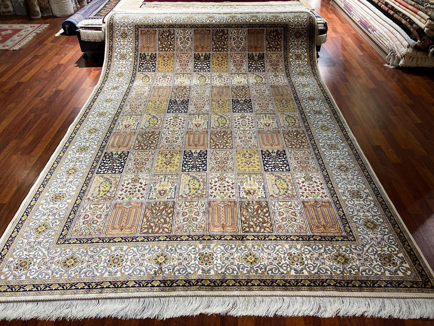 7x10 Garden Panel Silk Rug, Beige Floral Patchwork Rug, Turkish Area Rug, Luxury Living Room Rug