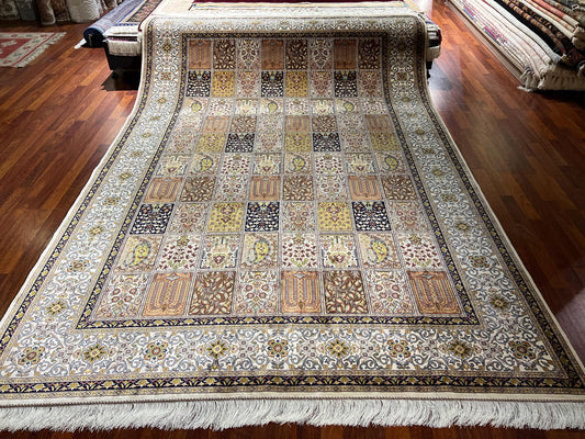 7x10 Garden Panel Silk Rug, Beige Floral Patchwork Rug, Turkish Area Rug, Luxury Living Room Rug