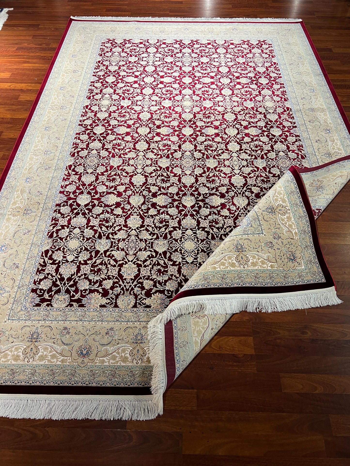 10x13 Red Floral Silk Rug, Ivory Border Classic Rug, Turkish Area Rug, Luxury Living Room Rug