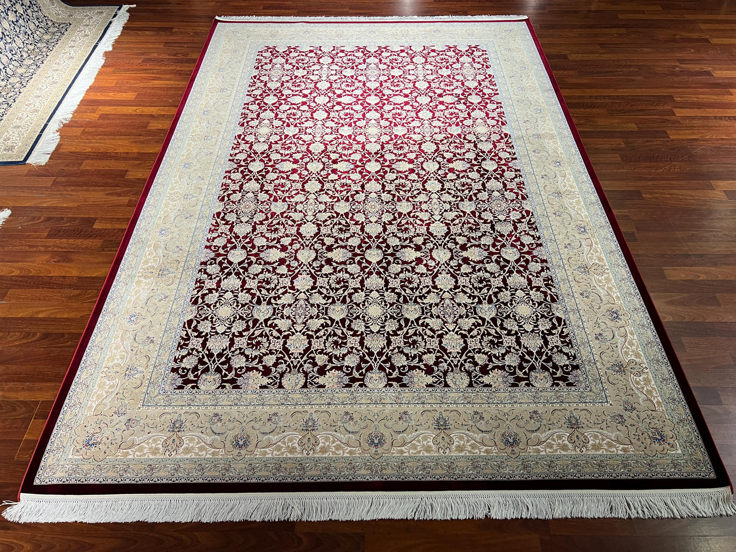 10x13 Red Floral Silk Rug, Ivory Border Classic Rug, Turkish Area Rug, Luxury Living Room Rug