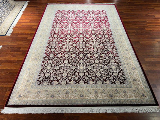 10x13 Red Floral Silk Rug, Ivory Border Classic Rug, Turkish Area Rug, Luxury Living Room Rug