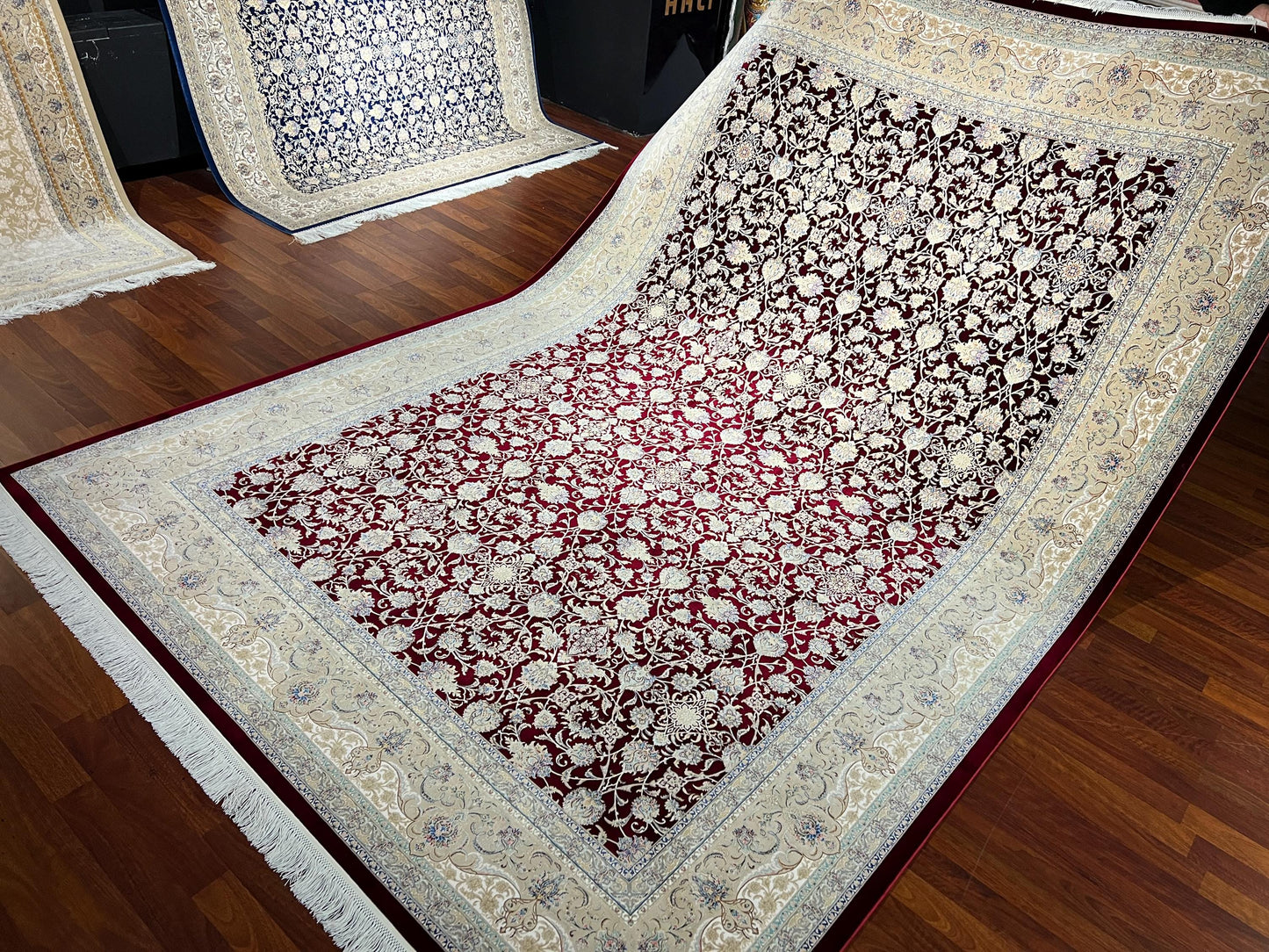 10x13 Red Floral Silk Rug, Ivory Border Classic Rug, Turkish Area Rug, Luxury Living Room Rug