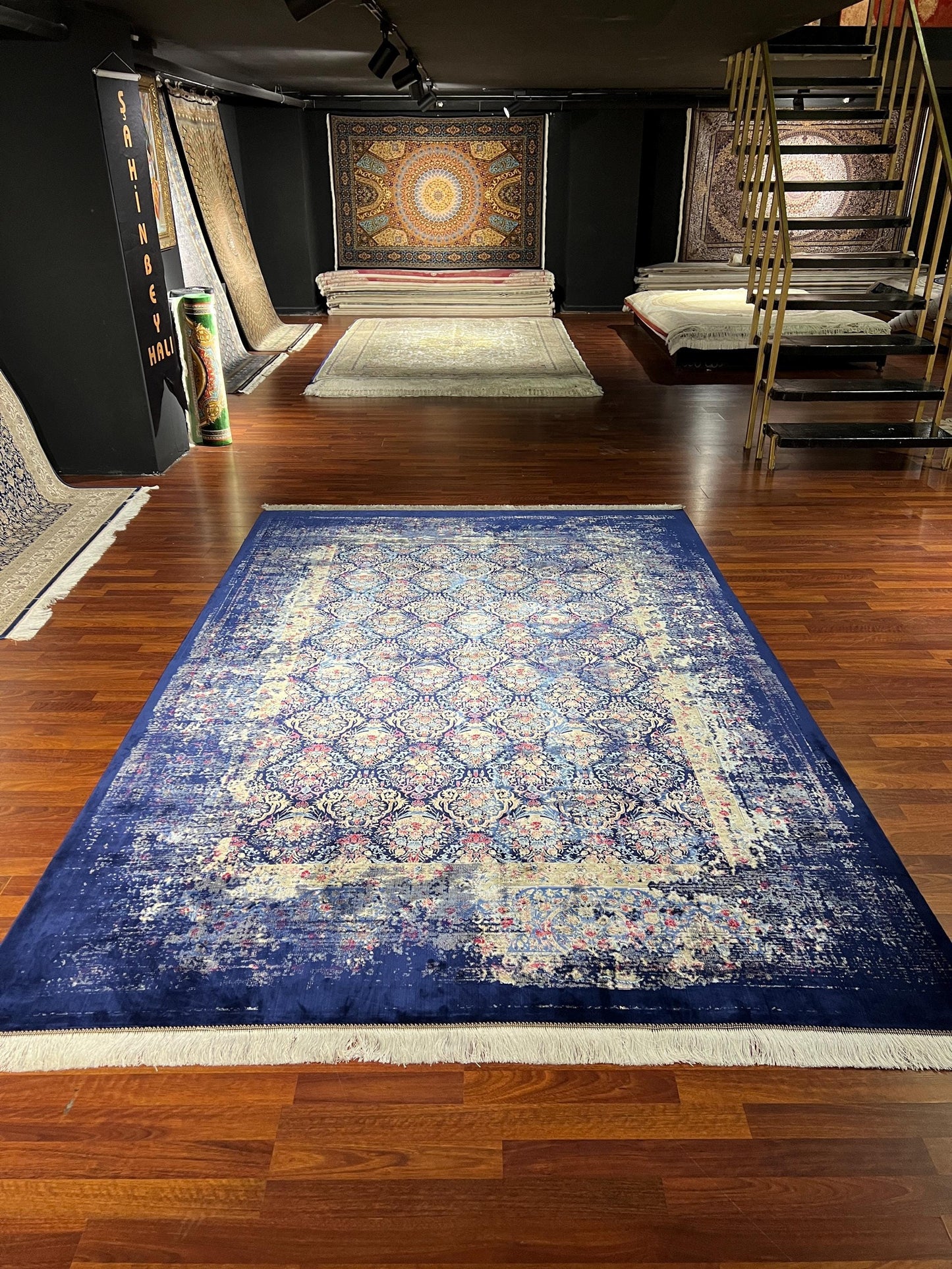 7x10 Navy Distressed Medallion Rug, Vintage Style Silk Rug, Turkish Area Rug, Luxury Living Room Rug