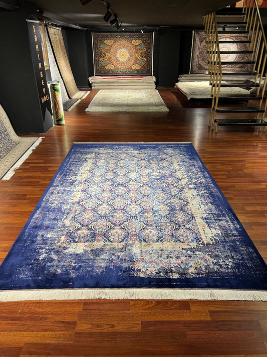7x10 Navy Distressed Medallion Rug, Vintage Style Silk Rug, Turkish Area Rug, Luxury Living Room Rug