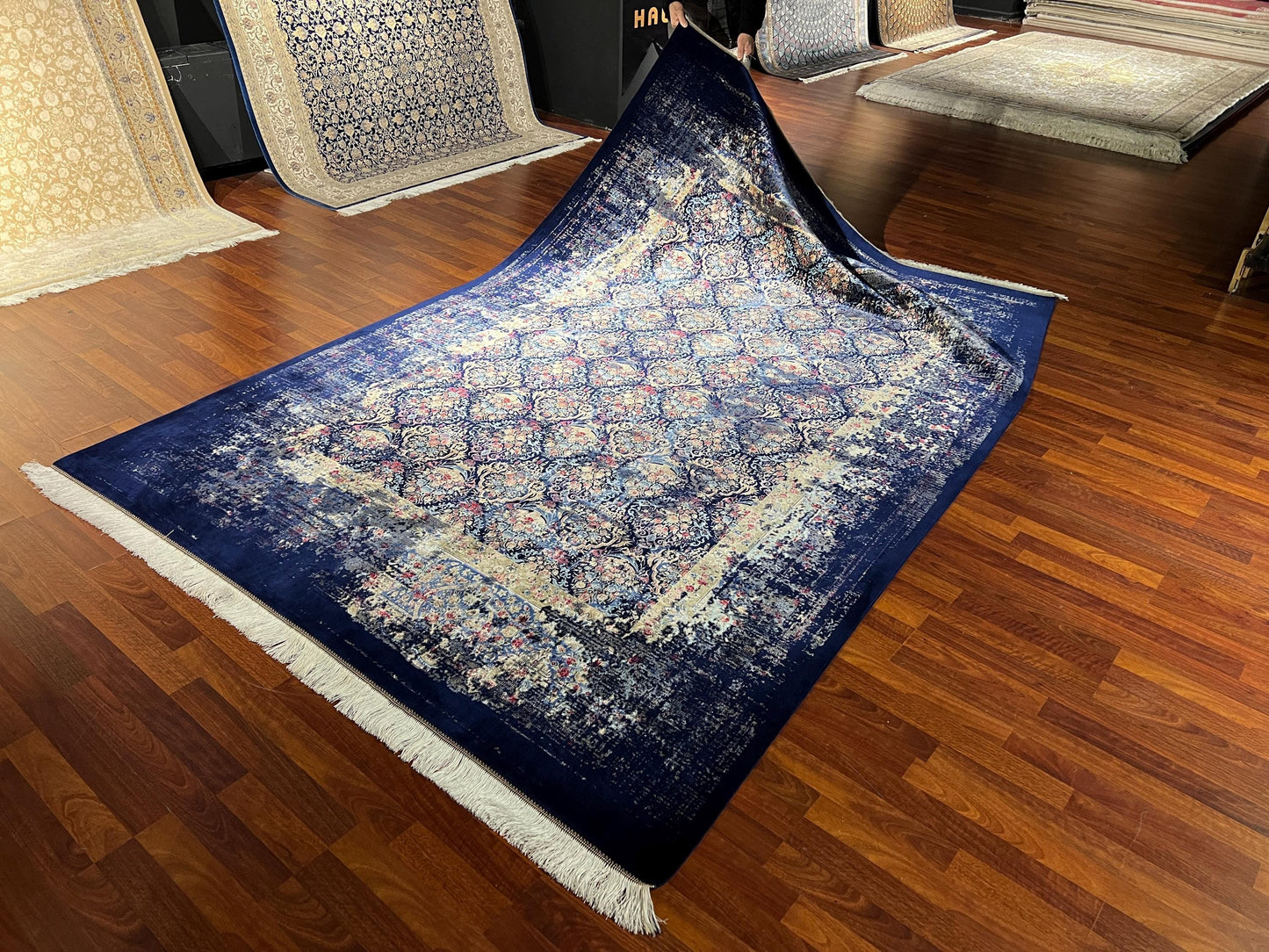 7x10 Navy Distressed Medallion Rug, Vintage Style Silk Rug, Turkish Area Rug, Luxury Living Room Rug