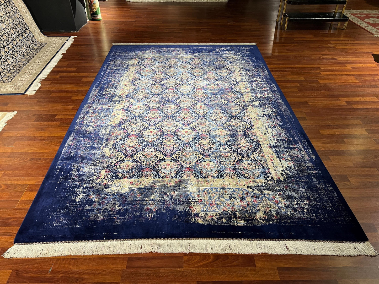 7x10 Navy Distressed Medallion Rug, Vintage Style Silk Rug, Turkish Area Rug, Luxury Living Room Rug