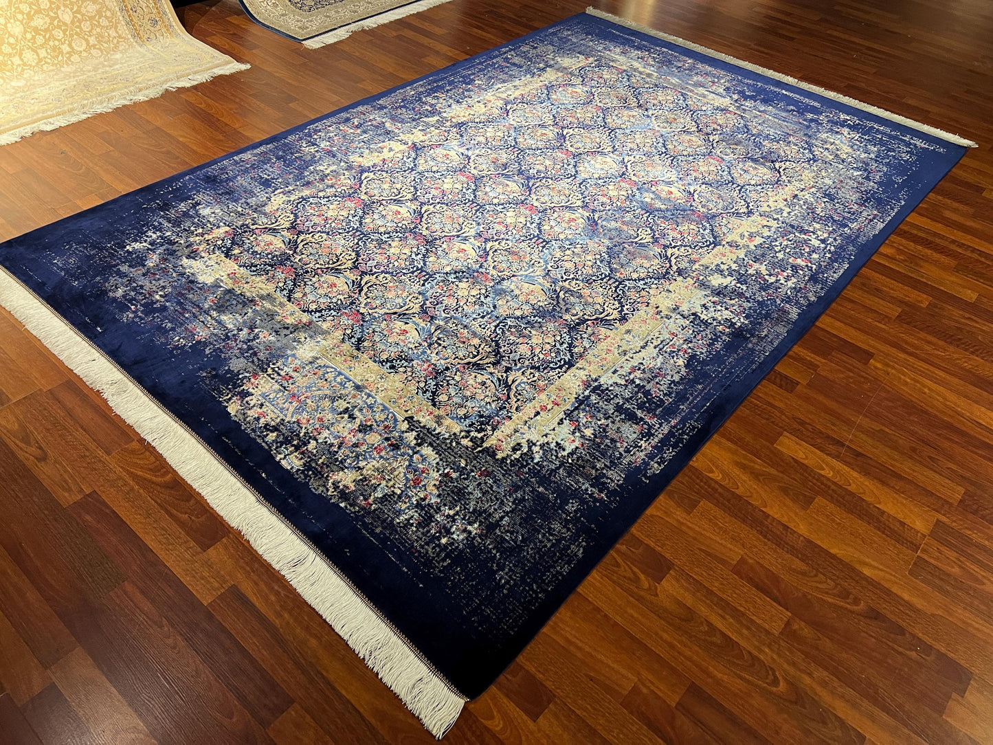 7x10 Navy Distressed Medallion Rug, Vintage Style Silk Rug, Turkish Area Rug, Luxury Living Room Rug
