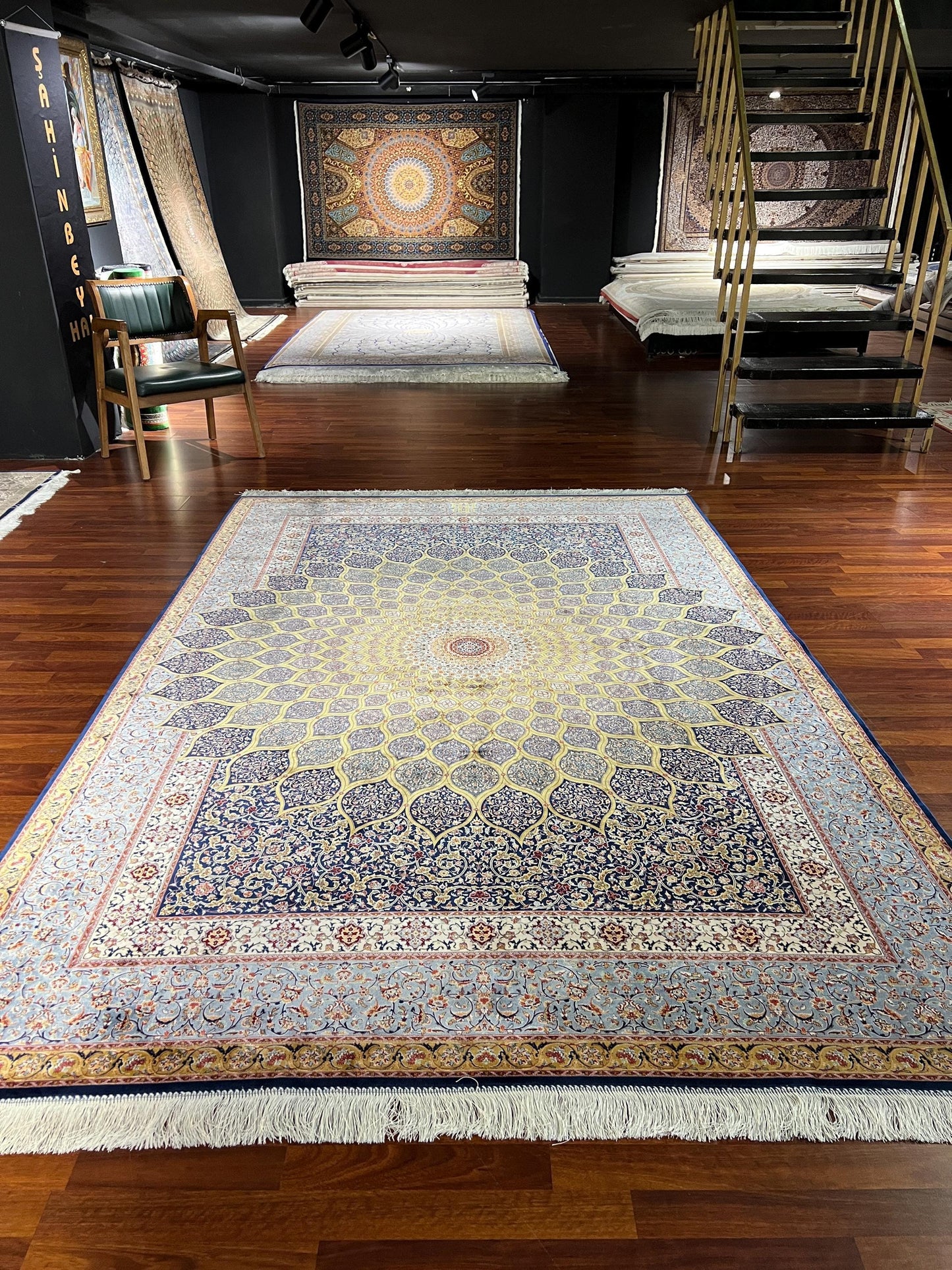 7x10 Gold Beige Medallion Rug, Oriental Silk Rug, Turkish Area Rug, Luxury Living Room Rug
